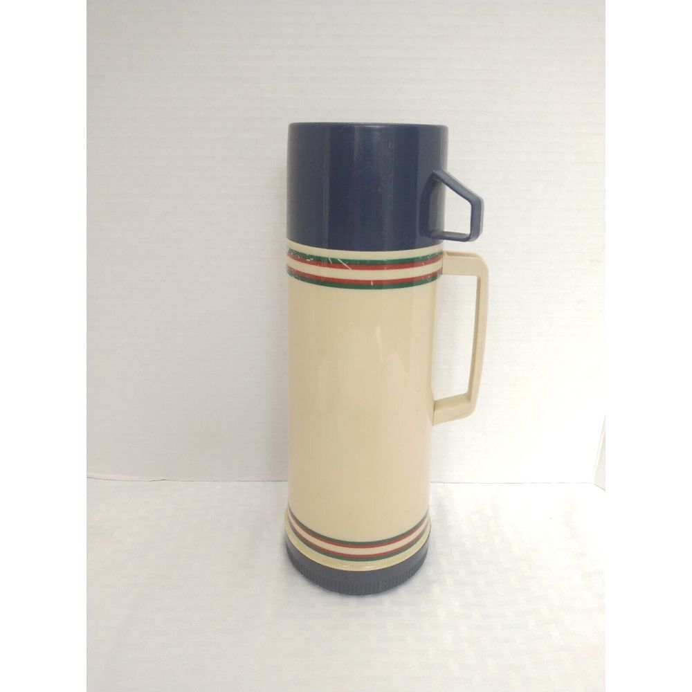 Vintage Aladdin Thermos 1 Quart Vacuum Bottle Cream Navy Red Green‎ Stripe USA